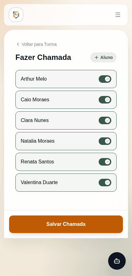 Tela de chamada da Escola Bíblica no celular, com alunos e botão salvar chamada
